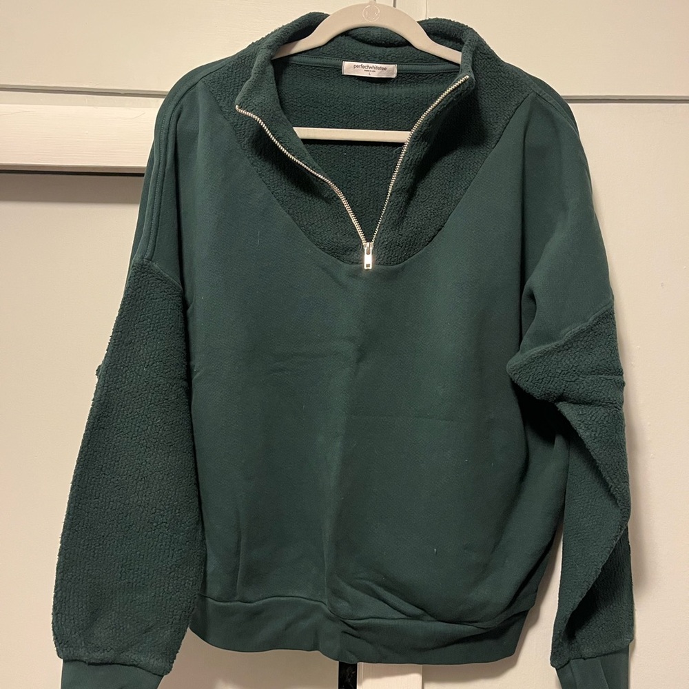 Women’s perfectwhitetee, maren french terry half zip sweatshirt, Green, Large
